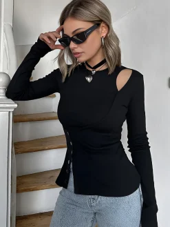 COMMENSE Blouses & Shirts|Tops^Cutout Panel Button Blouse Black