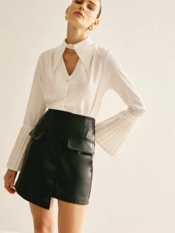 COMMENSE Blouses & Shirts^Cutout Plain Button Pleated Cuff Shirt White