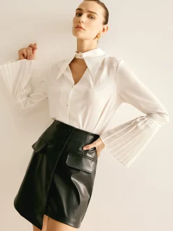 COMMENSE Blouses & Shirts^Cutout Plain Button Pleated Cuff Shirt White