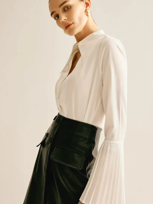 COMMENSE Blouses & Shirts^Cutout Plain Button Pleated Cuff Shirt White