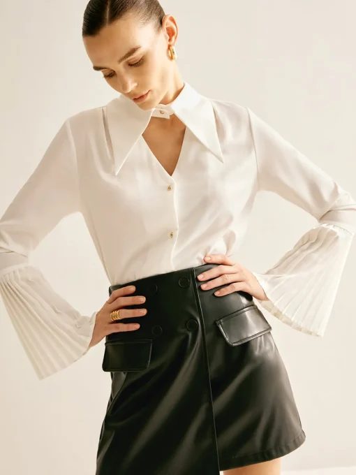 COMMENSE Blouses & Shirts^Cutout Plain Button Pleated Cuff Shirt White