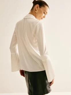 COMMENSE Blouses & Shirts^Cutout Plain Button Pleated Cuff Shirt White