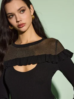 COMMENSE Knitwear|Tops^Cutout Ruffle Sheer Panel Knit Top Black