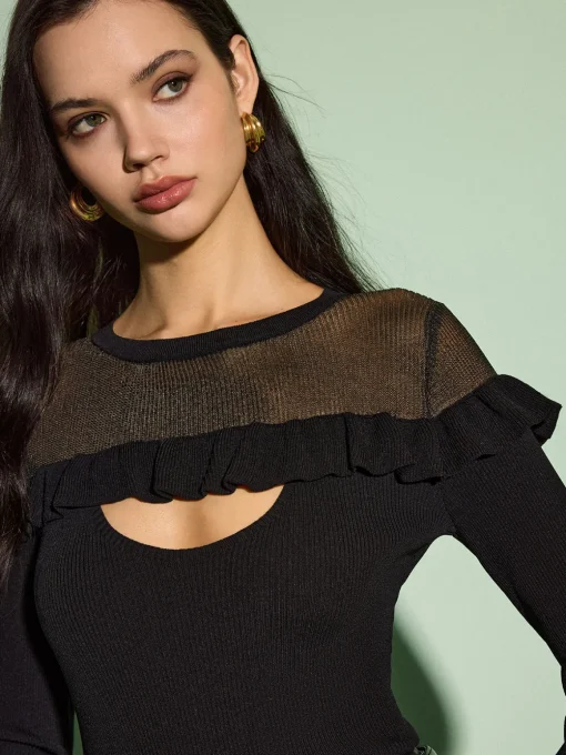 COMMENSE Knitwear|Tops^Cutout Ruffle Sheer Panel Knit Top Black