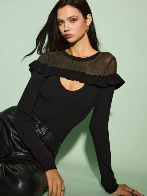 COMMENSE Knitwear|Tops^Cutout Ruffle Sheer Panel Knit Top Black
