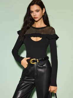 COMMENSE Knitwear|Tops^Cutout Ruffle Sheer Panel Knit Top Black