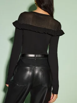 COMMENSE Knitwear|Tops^Cutout Ruffle Sheer Panel Knit Top Black