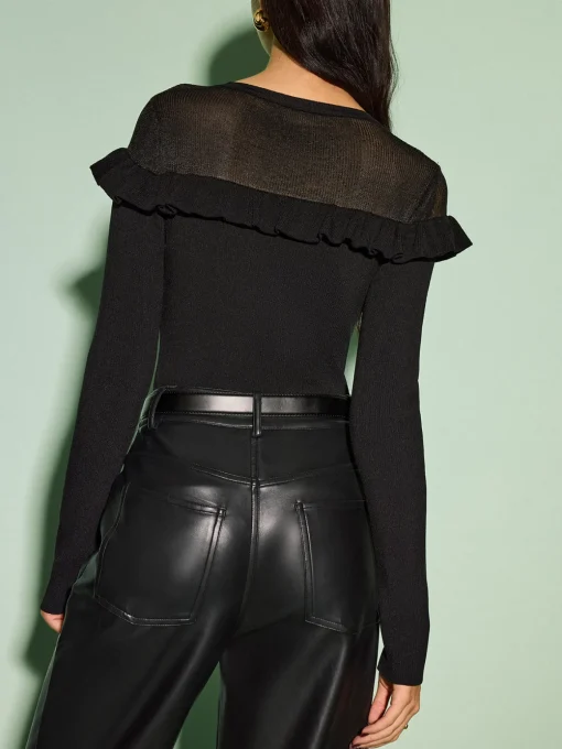 COMMENSE Knitwear|Tops^Cutout Ruffle Sheer Panel Knit Top Black