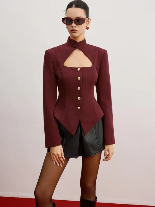 COMMENSE Outerwear|Blazers^Cutout Slim Blazer With Shoulder Pads Burgundy