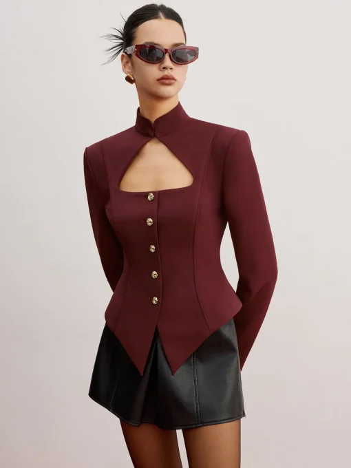 COMMENSE Outerwear|Blazers^Cutout Slim Blazer With Shoulder Pads Burgundy