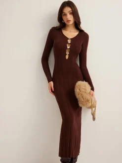 COMMENSE Sweater Dresses|Work Dresses^Cutout Slim Sweater Long Dress Brown