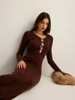 COMMENSE Sweater Dresses|Work Dresses^Cutout Slim Sweater Long Dress Brown