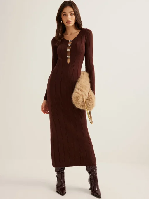 COMMENSE Sweater Dresses|Work Dresses^Cutout Slim Sweater Long Dress Brown