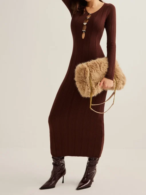 COMMENSE Sweater Dresses|Work Dresses^Cutout Slim Sweater Long Dress Brown