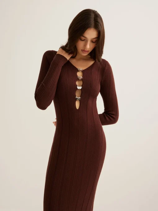 COMMENSE Sweater Dresses|Work Dresses^Cutout Slim Sweater Long Dress Brown
