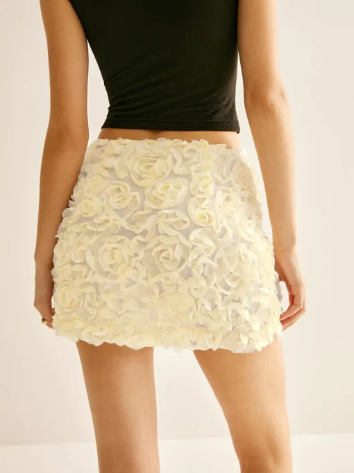 COMMENSE Skirts|Bottoms^3D Flower Chiffon Mini Skirt Beige