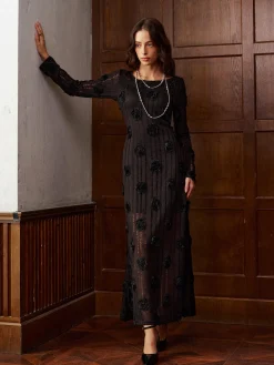 COMMENSE Dresses^3D Flower Long Sleeve Dress Black