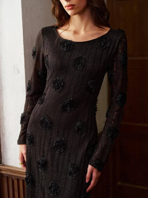 COMMENSE Dresses^3D Flower Long Sleeve Dress Black