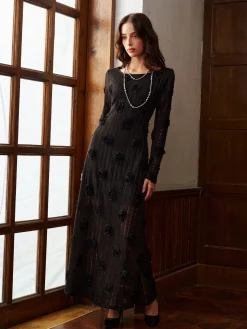 COMMENSE Dresses^3D Flower Long Sleeve Dress Black