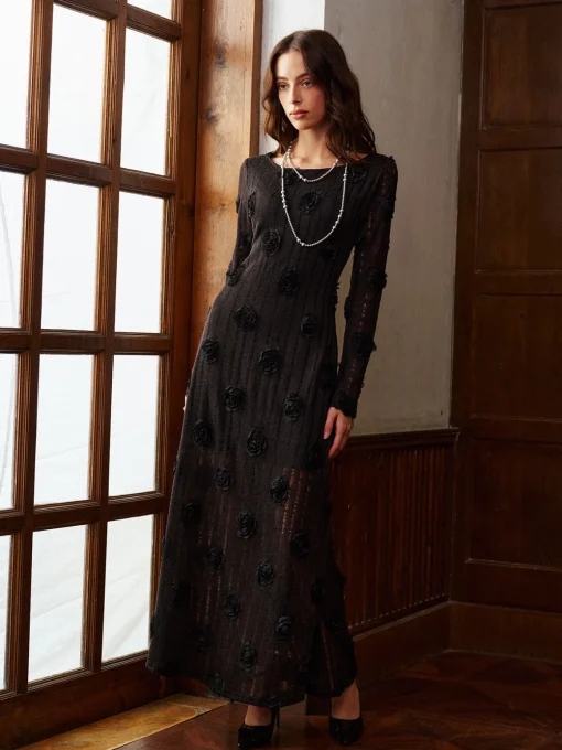 COMMENSE Dresses^3D Flower Long Sleeve Dress Black