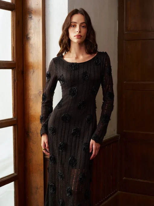 COMMENSE Dresses^3D Flower Long Sleeve Dress Black