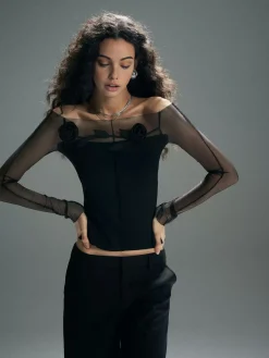 COMMENSE Blouses & Shirts|Tops^3D Flower Off-Shoulder Mesh Panel Top Black