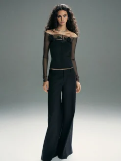 COMMENSE Blouses & Shirts|Tops^3D Flower Off-Shoulder Mesh Panel Top Black