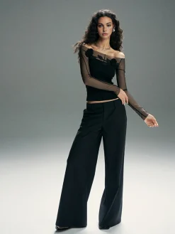 COMMENSE Blouses & Shirts|Tops^3D Flower Off-Shoulder Mesh Panel Top Black