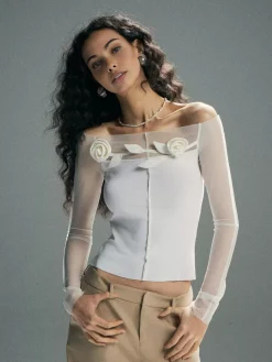 COMMENSE Blouses & Shirts|Tops^3D Flower Off-Shoulder Mesh Panel Top Black