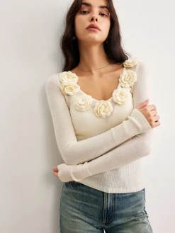 COMMENSE Sweater Tops|Sweaters & Cardigans^3D Flower Semi-Sheer Knit Top Apricot