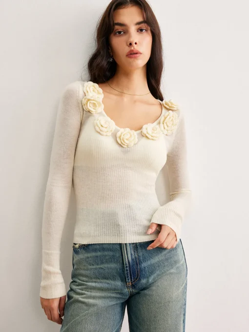 COMMENSE Sweater Tops|Sweaters & Cardigans^3D Flower Semi-Sheer Knit Top Apricot