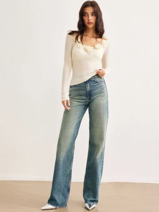 COMMENSE Sweater Tops|Sweaters & Cardigans^3D Flower Semi-Sheer Knit Top Apricot
