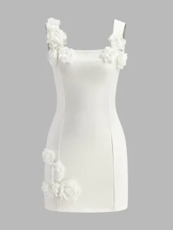 COMMENSE Dresses^3D Flower Zipper Strappy Short Dress White