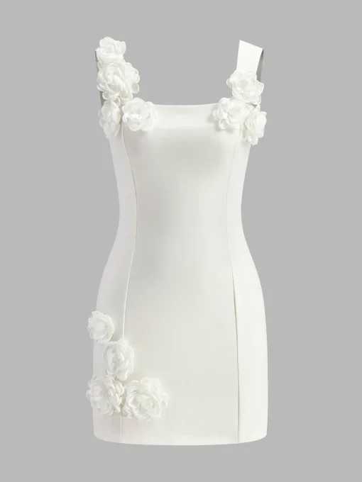 COMMENSE Dresses^3D Flower Zipper Strappy Short Dress White