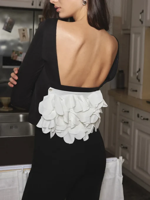 COMMENSE T-shirts|Tops^Detachable Petal Backless Slim T-Shirt Black