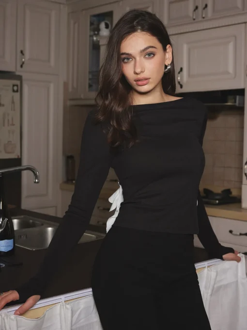 COMMENSE T-shirts|Tops^Detachable Petal Backless Slim T-Shirt Black