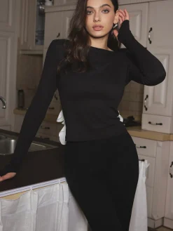 COMMENSE T-shirts|Tops^Detachable Petal Backless Slim T-Shirt Black