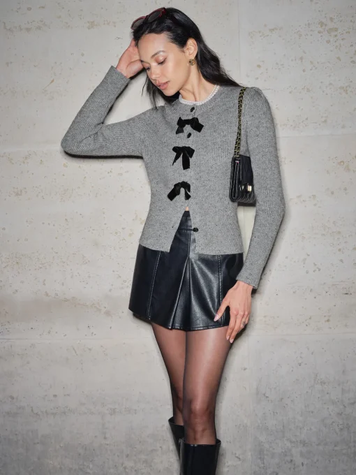 COMMENSE Cardigans|Sweaters & Cardigans^Detachable-Bow Button Short Cardigan Grey