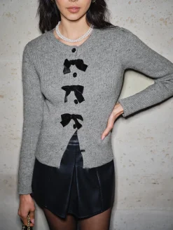 COMMENSE Cardigans|Sweaters & Cardigans^Detachable-Bow Button Short Cardigan Grey