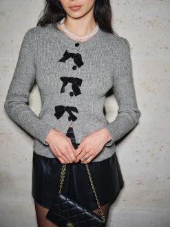COMMENSE Cardigans|Sweaters & Cardigans^Detachable-Bow Button Short Cardigan Grey