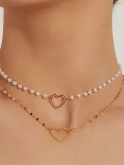 COMMENSE Necklaces|Accessories^Double Layer Pearl Heart Pendant Necklace Gold