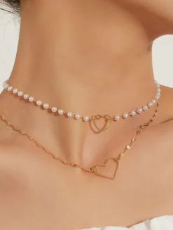 COMMENSE Necklaces|Accessories^Double Layer Pearl Heart Pendant Necklace Gold