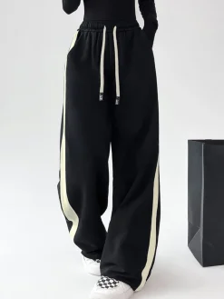 COMMENSE Wide Leg|Pants^Drawstring Contrast Trim Wide Leg Sweatpants Black