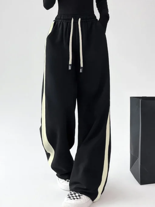 COMMENSE Wide Leg|Pants^Drawstring Contrast Trim Wide Leg Sweatpants Black