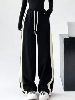 COMMENSE Wide Leg|Pants^Drawstring Contrast Trim Wide Leg Sweatpants Black