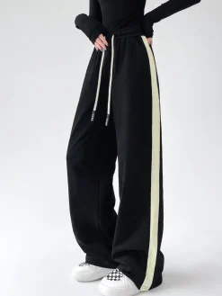 COMMENSE Wide Leg|Pants^Drawstring Contrast Trim Wide Leg Sweatpants Black