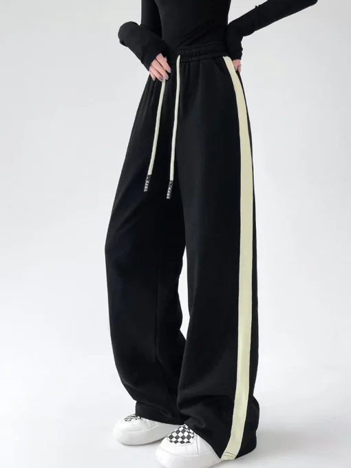 COMMENSE Wide Leg|Pants^Drawstring Contrast Trim Wide Leg Sweatpants Black