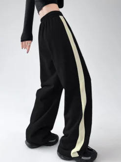 COMMENSE Wide Leg|Pants^Drawstring Contrast Trim Wide Leg Sweatpants Black