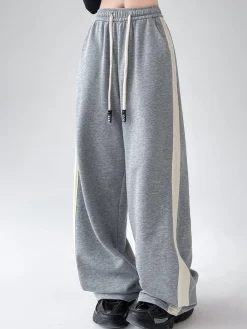 COMMENSE Wide Leg|Pants^Drawstring Contrast Trim Wide Leg Sweatpants Black