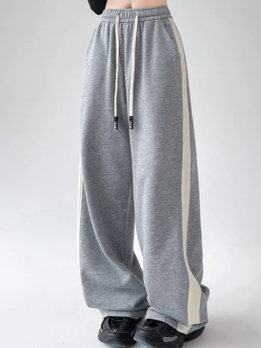 COMMENSE Wide Leg|Pants^Drawstring Contrast Trim Wide Leg Sweatpants Black
